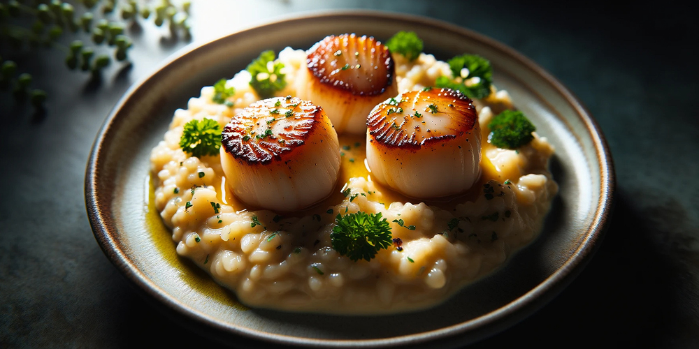 Trois Saint Jacques sur un lit de risotto et quelques brocolis dans une assiette ronde / Three scallops on a bed of risotto and some broccoli in a round plate