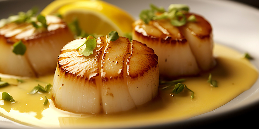 Saint jacques snackées avec une sauce au beurre blanc persillée et citron. / Snacking scallops with a lemon and parsley beurre blanc sauce.