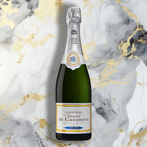 Bouteille de champagne Charles de Cazanove Demi-sec sur un fond marbre / Bottle of Charles de Cazanove Demi-sec champagne on a marble background