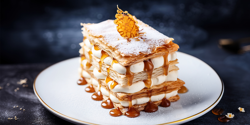 Pâtisserie Mille-feuille dans une assiette rond, bords nappés de chocolat / Mille-feuille pastry in a round plate, chocolate-covered edges